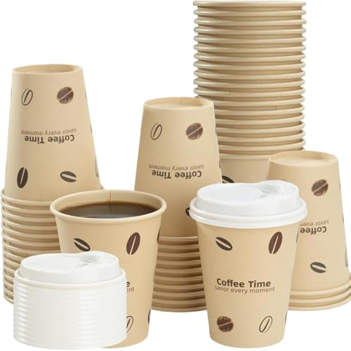 Cherypick Coffee Cups with Lids 12 oz/360 ml, 25 Pack Disposable Paper Cups | Leak-Resistant Takeaway Cups for Hot and Cold Drinks, Coffee, Tea, Office, Home and Parties(Coffee Beans)