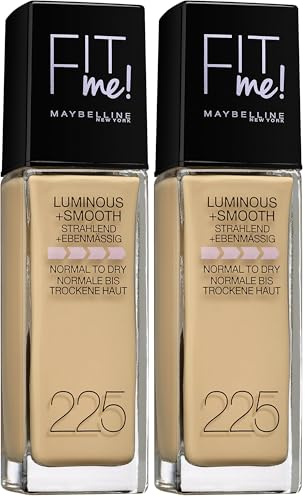 Maybelline New York Make Up, Fit Me! Foundation mit LSF18, Für makellose Haut, Alle Hauttypen, Nr. 225 Medium Beige, 30 ml (Packung mit 2)