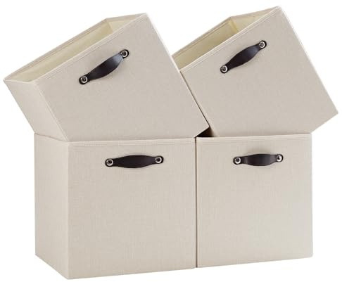 FABINADO Storage Cube | 260g/㎡ Ultra-Fine Linen Cubby Box for Shelf, Bookshelf, Closet, Wardrobe | 25cm Square Drawer Insert Basket | 4 Pack, Candlelit Beige, 24x24x25cm