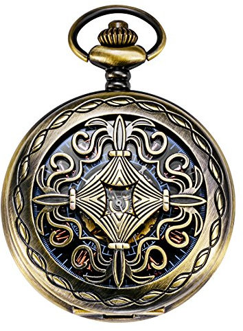 TREEWETO Unisex Taschenuhr mit Kette Analog Handaufzug Antik Kupfer Skelett Bronze