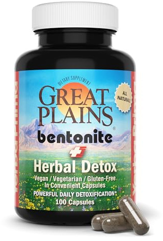 Yerba Prima Bentonite Clay Plus Herbal Detox, 100 Veg Capsules - Food Grade Clay from the Great Plains, USA - Colon & Liver Cleanse Supplement with Calcium Clay