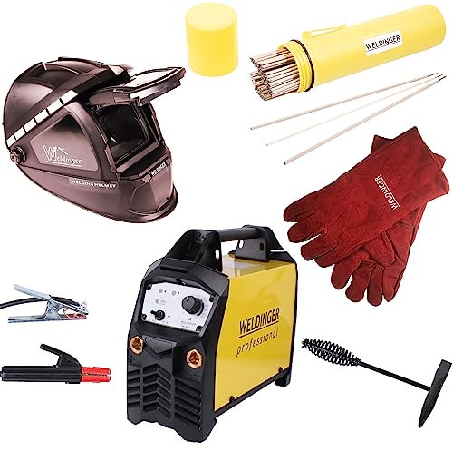 Aktionsset WELDINGER EW 200 pro Automatikschweißhelm AH 50 eco Schweißerhandschuhe Schlackehammer Elektrodensortiment 5 Jahre Garantie