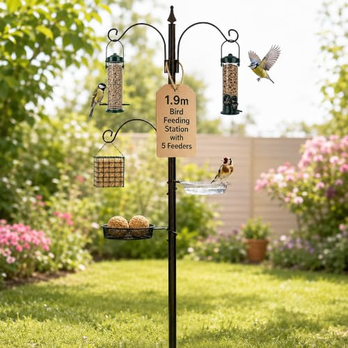Garden Mile Bird Feeding Station 1.9m, Heavy Duty Metal Bird Feeder Stand with Seed Feeders, Peanut Feeder, Fat Ball Feeder, Bird Bath Water Bowl & Feeding Tray for Wild Garden Birds