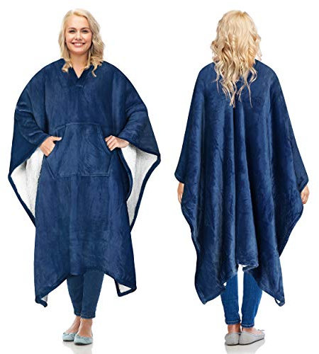 Catalonia Classy Sherpa Poncho Decke Superweiche bequeme Plüsch tragbare Fleecedecke für Erwachsene Frauen Männer Kinder Wickelhülle drinnen oder draußen, 200 x 140 cm, Marine