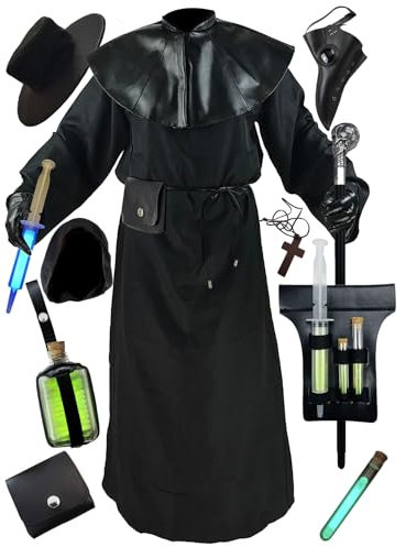 Absolute Vibe Pest Arzt Kostüm Umhang Robe Halloween Requisiten Mittelalter Mönch Priester Renaissance Cosplay, Schwarz, XXL