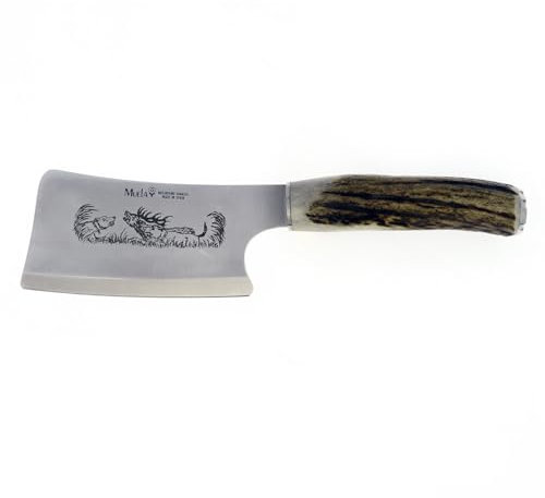 Muela-Axt, Modell HC-13A. Axt mit Hirschhornstiel und rostfreiem Absatz. Mova Stahlklinge mit 16 cm. Inklusive brauner Lederscheide + Mehrzweck-Geschenkkarte.