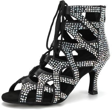 SWDZM Scarpe da Ballo Strass Donna Latino Americano Aperti in Punta Strass Sala da Ballo Standard Modern Tango Professionali la Pratica Stivali da Ballo,L439,Nero,Tacco-7.5CM,EU 37