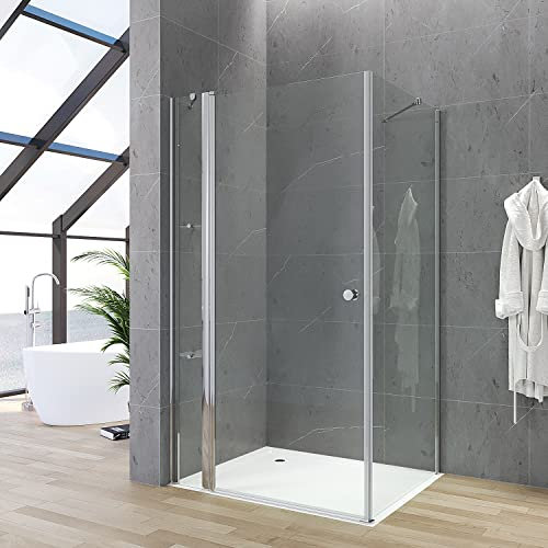 Duschkabine Eckeinstieg 90x90 x 187 cm Duschabtrennung Duschwand Glas Eck Dusche Duschtür an Festteil mit festem Seitenteil Eckdusche rahmenlos Drehtür Schwingtür Pendeltür Eckregale Eckablage