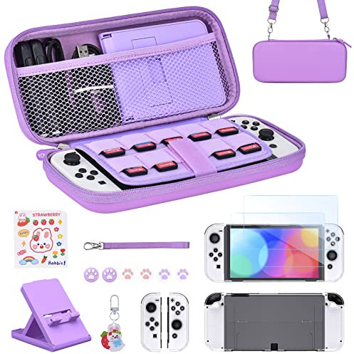 Younik Switch OLED Zubehör Bundle, 17 in 1 Switch OLED Zubehör Kit für Mädchen enthalten Switch Tragetasche, verstellbarer Ständer, Schutzhülle für Switch Konsole & J-Con (lila)