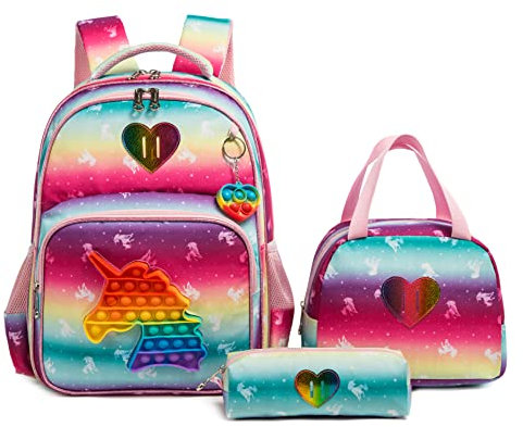 HTgroce Schulranzen Mädchen für Mädchen Pop it Rucksack Schulranzen Mädchen Set 3 in 1 mit Lunch Bag und Mäppchen Pop Fidget Bag.