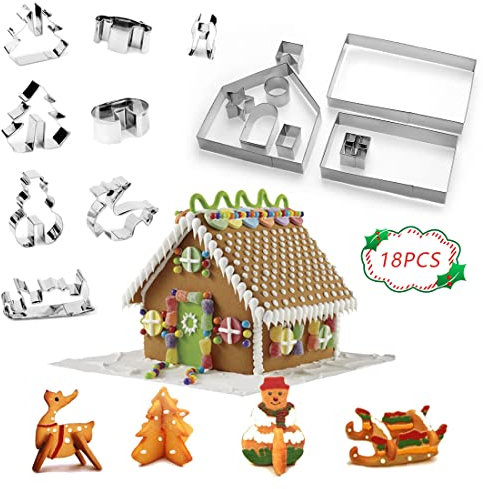 18 Stück Plätzchen Ausstecher 3D, Ausstechformen Weihnachten Lebkuchenhaus, Lebkuchenhaus Ausstecher Set, Weihnachten Lebkuchenhaus,Edelstahl Weihnachten Cookie Cutter, für Torten Kekse BackenKüche