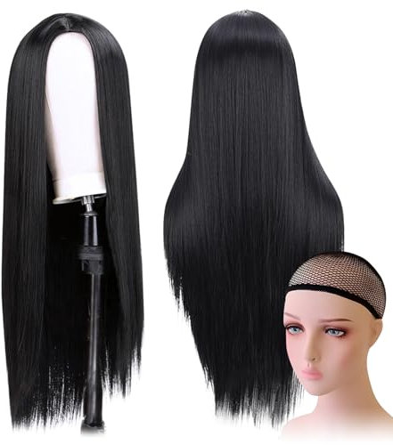 Damen Lange Schwarz Perücke 75cm Schwarz Gerade Perücke Cosplay Perücke Halloween Synthetische Perücken mit Haarnetz für Halloween Tägliche Karneval Fasching Cosplay Party