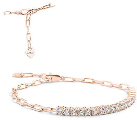 Amoonìc Damen Armband Rosegold | Tennisarmband und Gliederarmband in einem | Personalisierbar mit gravierbarem Herzplättchen | Silberarmband für Frauen