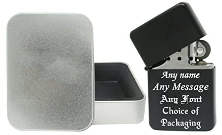Personalised Engraved Gloss Black Lighter, With a Choice of Packaging & Fonts - Personalise With Any Message & Any (Metal Tin Packaging)