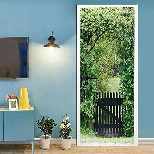 3D Door Mural Garden Green Plant Fence 95 X 215 Cm Waterproof Removable Art Door Stickers Kids Girls Boys Room Bedrooms Bathroom Toilet Home Decoration Decal Art Poster Wallpaper Removable Mural