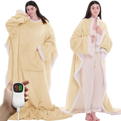 PLOATH Heated Electric Blanket Shawl: Heating Throw Heated Poncho - Wearable Blanket Hoodie Wrap Sherpa with 10 Heat Levels & Multi Heating Time Settings (50x75'' Beige)