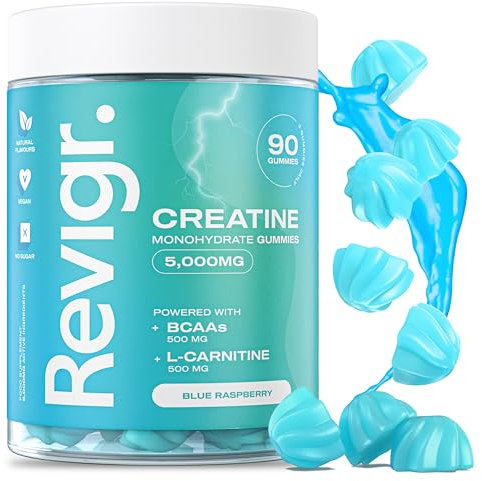 Revigr, Max 5000mg Lab Tested with COA, 90 Creatine Monohydrate Gummies, Vegan & Sugar-Free, Premium Pre-Workout, Gym Supplement (1 Month Supply) (Blue Raspberry)