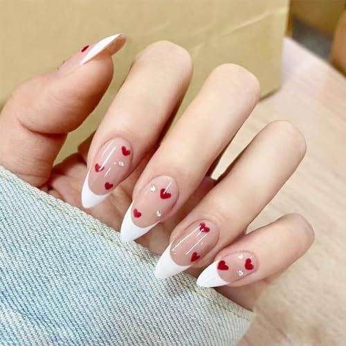 24pcs Medium Almond French Tip Press on Nails With White Edge Red Heart Design - Full Cover Stick on Set for Valentines Day Women Bridal Art Accessories