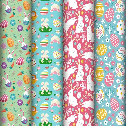 Ohtum 12 Blatt gefaltetes Oster-Geschenkpapier, Osterhase, Ei, Blume, Kaninchen, Urlaub, Geschenkpapier, Kunstpapier für DIY, Hochzeitstag, Babyparty, Geschenke, Verpackungsdekoration, 19,7 x 27,6 cm