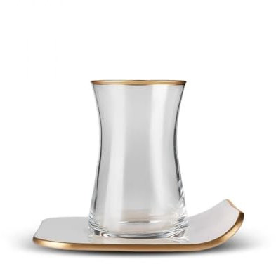 Karaca Juego de té retro de cristal de 12 piezas para 6 a 165 ml, 6 vasos con platillos, color crema, incluye platos de té