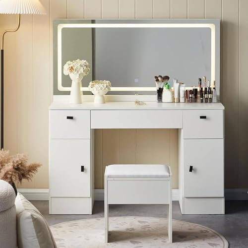 CLIPOP Schminktisch Weiß mit LED Spiegel und Ladestation,Frisiertisch mit Hocker und Beleuchtung,Verstellbare Helligkeit,Kosmetiktisch mit 3 Schubladen und 2 Schränke,117 x 40 x 135 cm