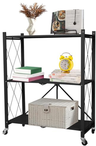 Hershii Folding Storage Shelf on Wheels 3-Tier Heavy Duty Shelving Unit | Metal Standing Bookshelf No Assembly Organizer Rack for Living Room Bedroom Kitchen Office Study Pantry Garage, Black