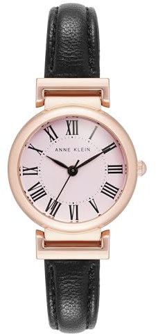 Anne Klein Montre pour femme avec bracelet en cuir, Noir/or rose/rose