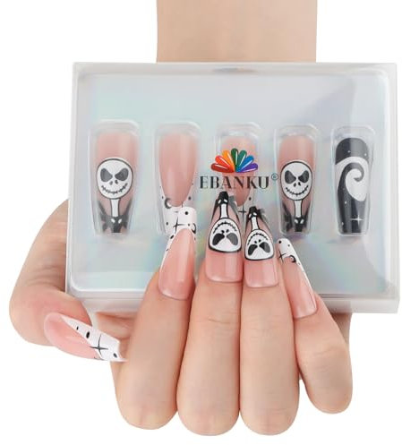 EBANKU Lot de 32 faux ongles roses pour Halloween, longs cercueils à pression, mignons fantômes, style français, couverture complète en acrylique, à coller sur les ongles