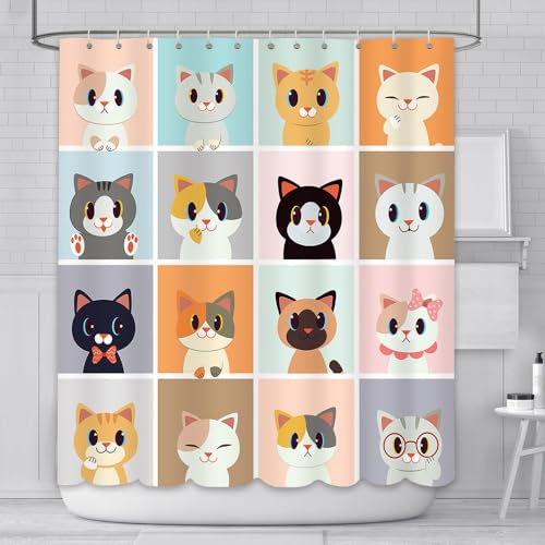 AIBIIN Tenda da doccia a forma di gatto, simpatica tenda da bagno colorata a scacchi, in tessuto impermeabile resistente, decorazione per la casa, con 12 ganci, 180 x 180 cm