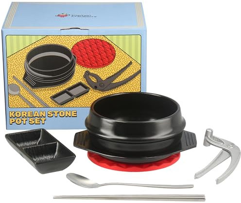 Captain Cranberry Korean Stone Pot Set (7-piece, 38.7oz), Ttukbaegi, Ceramic Pots for Cooking, Clay Cooking Pot, Korean Stone Bowl, Earthenware Claypot, Egg tofu stock soup, Bibimbap, Dolsot