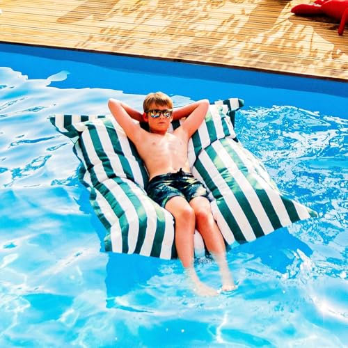 LIVEDECO - Pouf Géant XXL Déhoussable, Flottant pour Piscine, Vert Rayé Deauville Pool BiG52