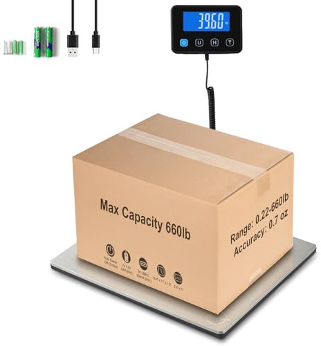 Miseyo Paketwaage, 300kg/20g, Hochpräzise Plattformwaage aus Edelstahl, Postwaage mit LCD/Halte/Tara Funktion für Pakete, Gepäck, Lagerhaus,Unternehmen, Inklusive Batterien&Typ-C