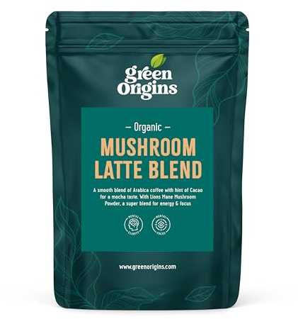 Green Origins Organic Mushroom Latte Superfood Blend with Lion's Mane, Coffee & Cacao for Energy & Focus, Vegan, Dairy Free, Natural & No Added Sugar, 100g