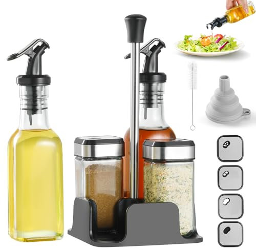 Bouteille Huile Et Vinaigre 200ML*2 & Pot a Epices 120ML*2, Set Huile & Vinaigre 5 en 1, Distributeur de Poivre avec Entonnoir & Brosse Dure(Transparent)