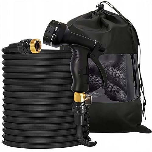 KRUMAD Flexibler Gartenschlauch 30 Meter, Dehnbarer Wasserschlauch mit 8-Funktion Sprühpistole, Schnellkupplungen, Adapter, Knickfrei, Leicht, Langlebig für Garten und Balkon, Auto, Schwarz