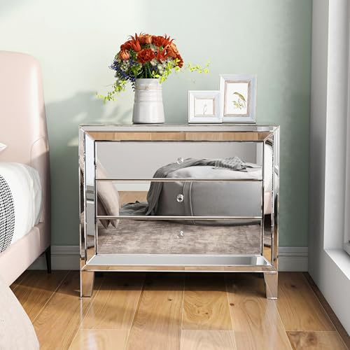 blingworld Verspiegelter Nachttisch, 84 cm breit, 3 Schubladen, Silber, Kristallgriffe, Glasoberfläche