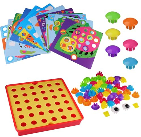 quiodok Button Art Toys for Toddlers, Color Matching Mosaic Pegboard with 12 Pictures 50 Buttons and Red Storage Box, Button Art Toddler Toys Age 3+ Year Old