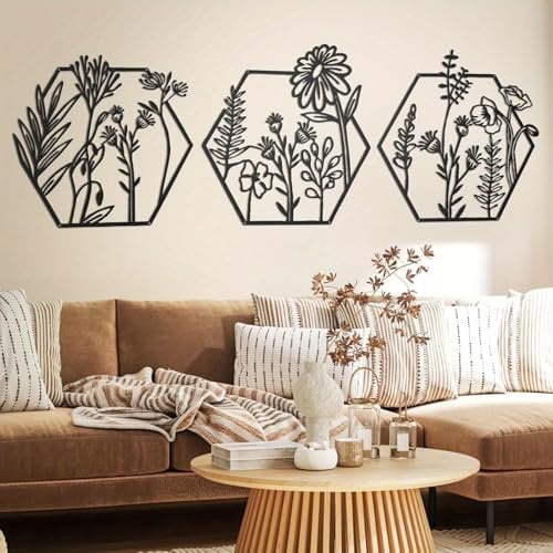BGJJGT 3 Pcs Black Metal Flower Wall Decor Art Set, Abstract Wrought Iron Sculptures for Indoor Outdoor, Modern Farmhouse Wall Art for Living Room Bathroom Hallway Garden