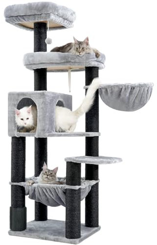 Hey-brother Grand arbre à chat XXL pour Maine - 168 cm - Avec hamac surdimensionné, poteaux en sisal (φ11 cm) et peigne, 2 plateformes, grotte, panier, gris clair EMPJ01W