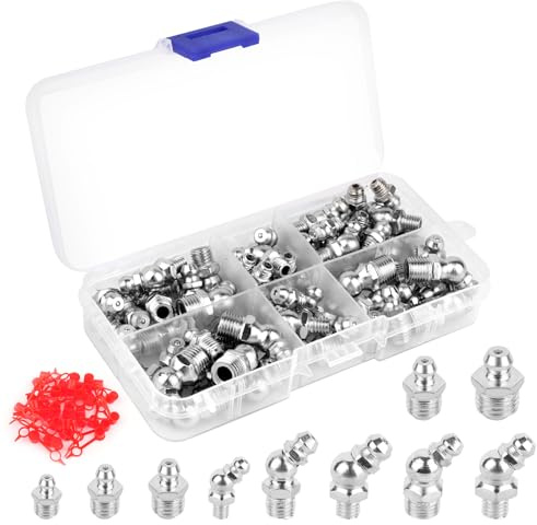 MXTIMWAN 105 Stück Schmiernippel Sortiment für Fettpresse, Schmiernippel Set M6 M8 M10 Gerade und Abgewinkelt 45 °, Abschmiernippel Kegelnippel mit Kappen, Kegelschmiernippel für Schmierpressen