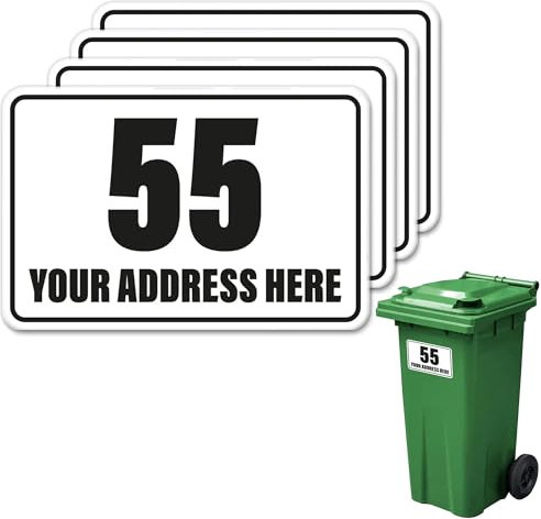 4x Wheelie Bin Number Stickers Classic Trash Garbage Can Stickers Custom House & Street Name Address Labels