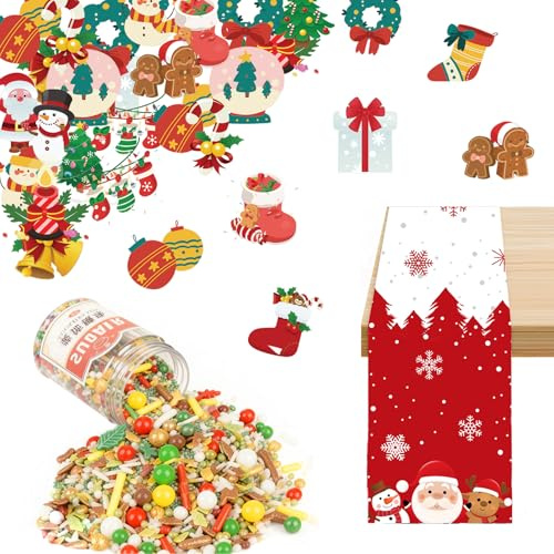 62 Stück Weihnachten Essbare Tortendeko Set, 85g Streudeko Weihnachten Essbar mit weihnachten Muffin Deko Essbar und Tischläufer WeihnachteN