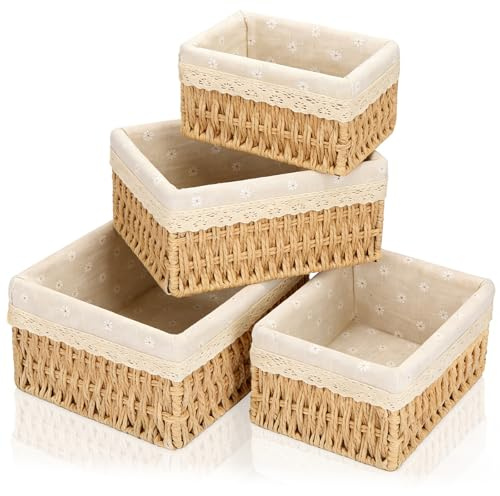 TEWWCEO Lot de 4 Panier Osier Corbeille,Panier de Rangement avec Doublure Imprimée,Empilable,Paniers pour Etagères Corbeille Rangement,Boîtes de Rangement pour Salle de Bain,Table à Langer,Cuisine