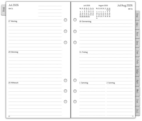 2026 2027 Wochenplaner Einlage Personal A6, 6 Löcher, 1 Woche 2 Seiten mit Tabs, Notizen, Kontakt, August 2026-Juli 2027, 100 GSM, Kalendereinlagen für Kalender 2026 Planer, 95x171mm, Deutsch