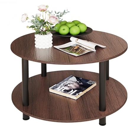 VERFARM Couchtisch Rund, 2 Ablagen, Wohnzimmertisch, Beistelltisch, Kaffeetisch, Sofatisch, für Wohnzimmer, Schlafzimmer, stabiles Metallgestell/MDF Platte, 60 x 60 x 48.5 cm, Walnuss