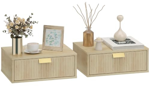 HOMCOM Moderne schwebende Nachttische 2er Set, Wandmontierte Nachttische mit Wellenschublade für Schlafzimmer und Wohnzimmer, Eiche