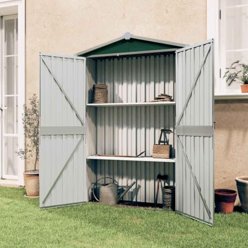 Faucqir Gerätehaus Grün aus verzinktem Stahl 116x45x175 cm, Gartenschuppen mit Lüftungsschlitzen und Regalen, Lagerhaus für Werkzeug, Rasenmäher, Fahrrad, Grill, Mülltonne, Möbel, Terrasse