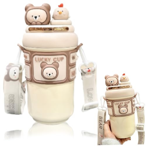 Whyzsjnclg Kawaii Water Bottle 19oz Stainless Steel Insulation for Girls Sports Camping Travel, Beige, Cute Rabbit Leak-Proof with Straw Adjustable Strap