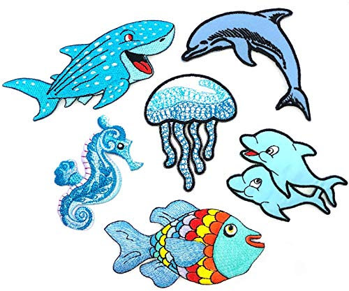 i-Patch - Patches - 0190 - Delfin - Wal - See-Pferd - Qualle - Meeres-Tiere - Hai-Fisch - Aquarium - Zoo - Applikation - Aufbügler - Flicken - Aufnäher - Sticker - Badges - Bügelbild - Jungen