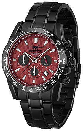 FIREFOX Armband- Herrenuhr Sky Commander Chronograph analog Quarz Edelstahl SCHWARZ Zifferblatt rot 10 ATM wasserdicht FFS23-105b